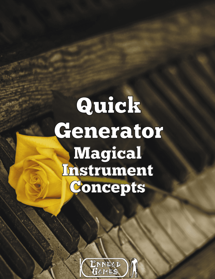An old looking piano with a yellow rose on it and the caption "Quick Generator Magical Instrument Concepts"