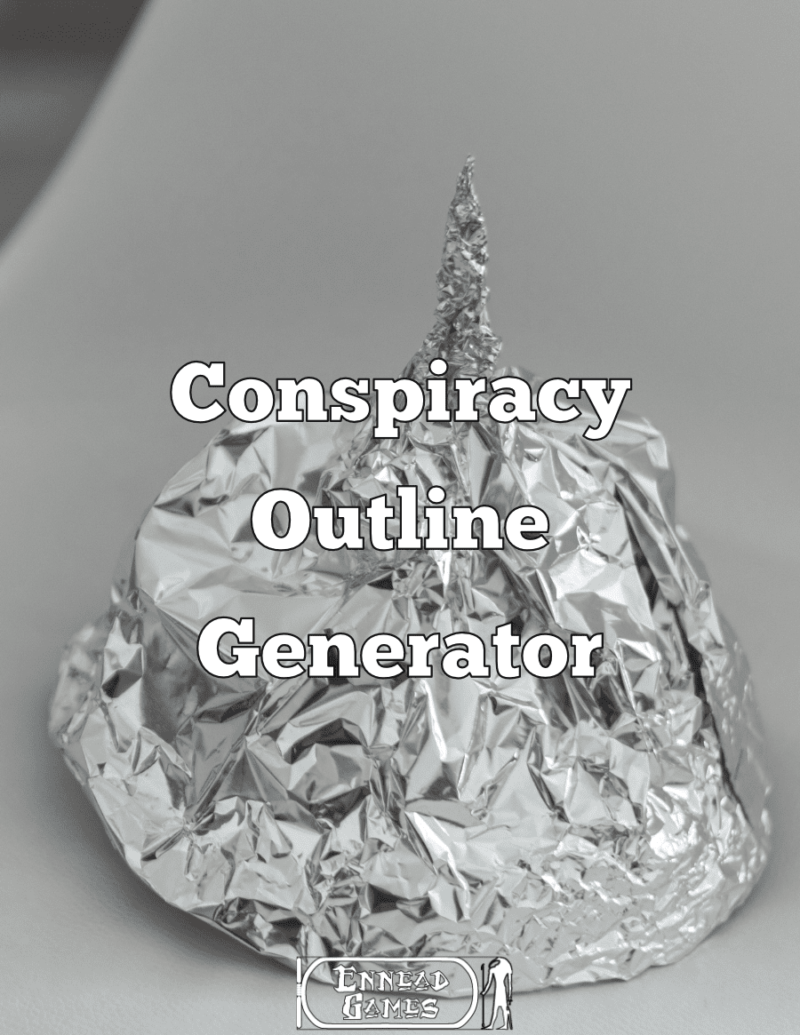 A tin foil hat, with an antennae-like protrusion on it and the caption "Conspiracy Outline Generator"