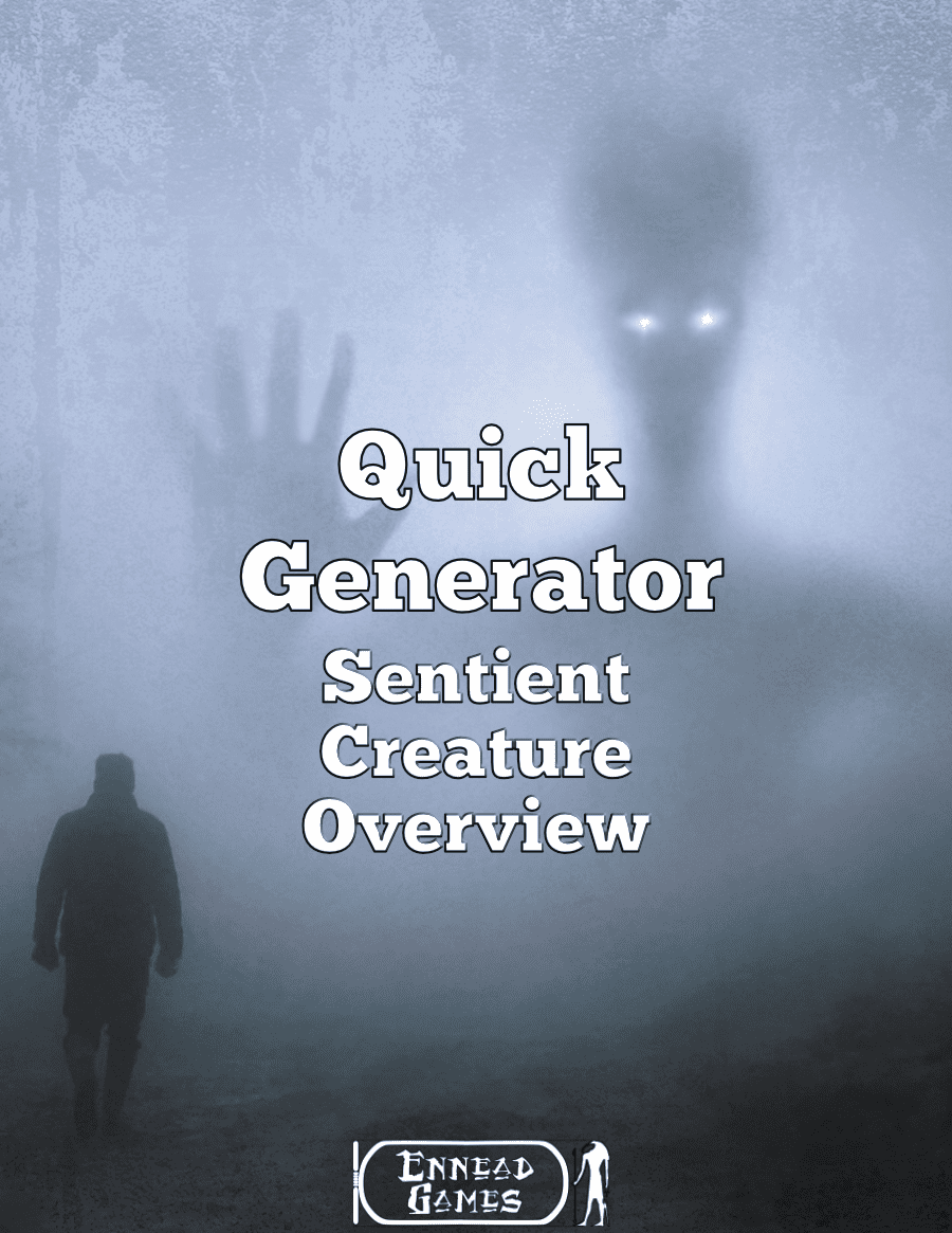 A mist/fog scene, with a shadowy human, possible male, staring at what looks a giant grey/roswell alein in the fog, who is waving with caption "Quick Generator Sentient Creature Overview"