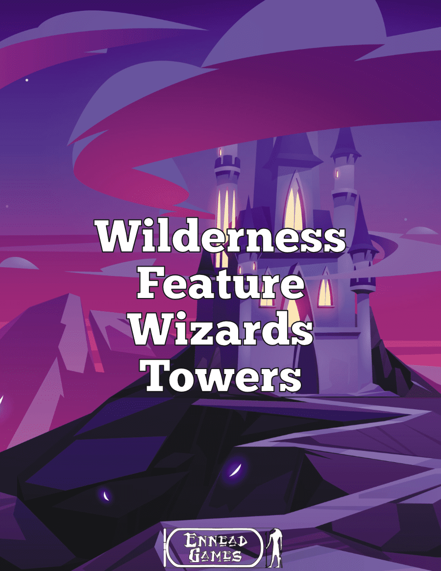 A carton looking tower/castle on top of a winding hill with clouds or smoke around the top parts, with text/caption "Wilderness Feature - Wizard Tower"