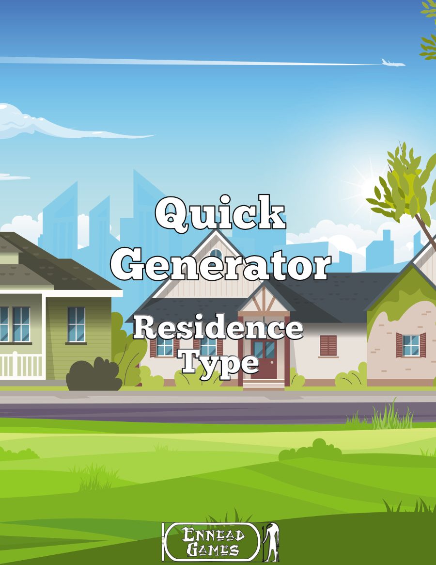 A cartoon style modern looking detached houses, with a futuristic looking city in the background , along with a small plane flying overhead and a lawn in the foreground with caption/title "Quick Generator Residence type" over the top in white text