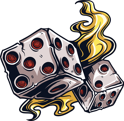 two dice/d6s that look like they are made from bone with a fire like ribbon between them - the dots on the dice are red and one dice looks likes its cracked