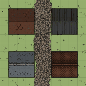 10x10 tile, showing a small village with fours house roofs and a gravel path