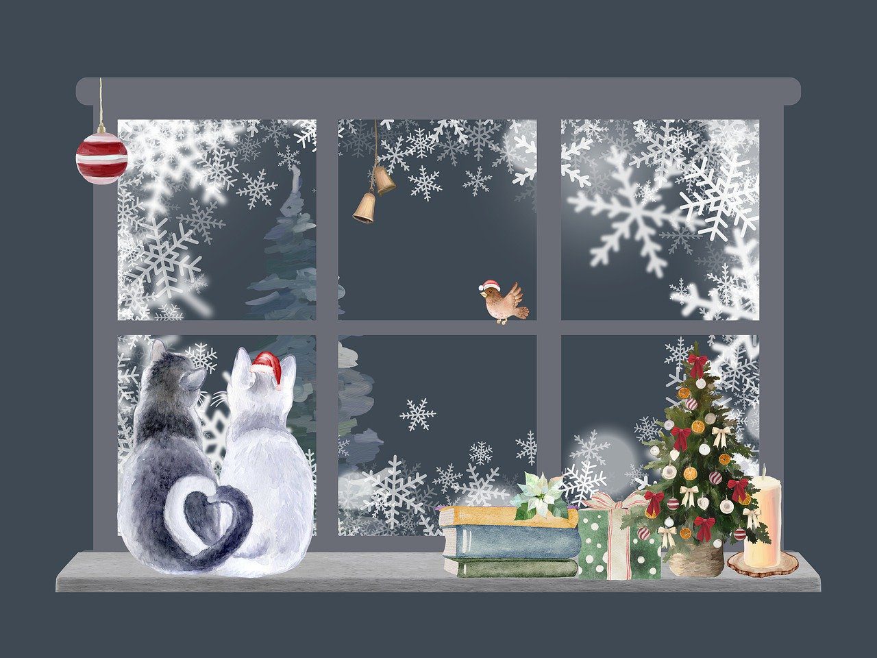 a cartoon like window, looking outside to a snow covered enviroment, with a grey cat watching a robin, snow flakes on the windows frame, a small xmas tree next to it