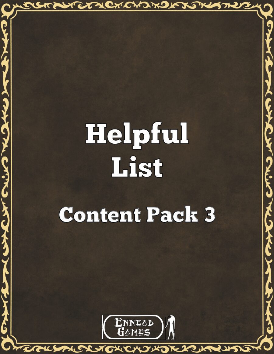 Dark brown background with a gold/yellowfiligree like outline, with the main text and logo in white - Cover reads "Helpful List Content Pack 3"