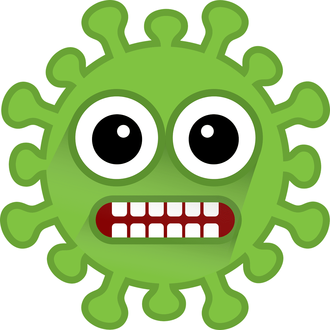 cartton faced disease/virus, green with one bulging eye and a grimace like expression