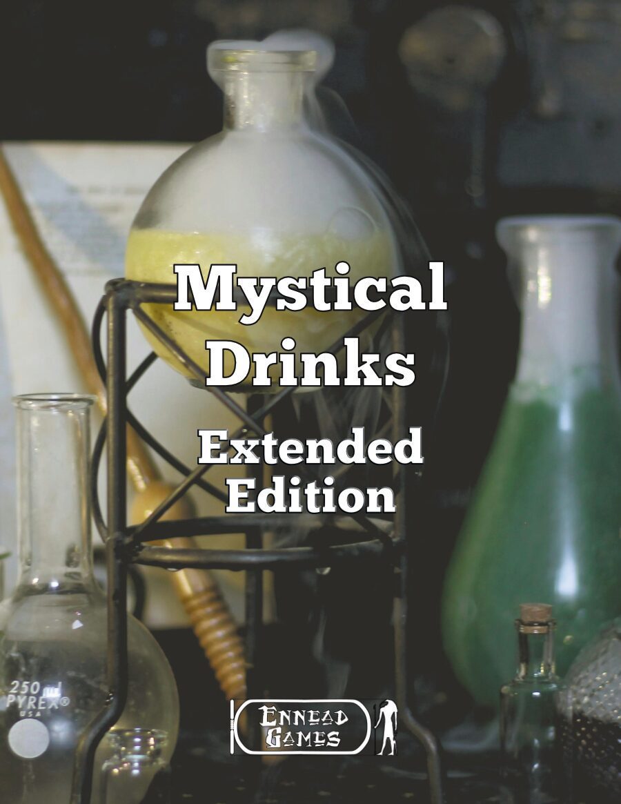 Close up of an alchemical/potion like set up, with a flask with a blubbling yellowish like liquid in it, a green liquid filled bottle to the right and an empty bottle on the left