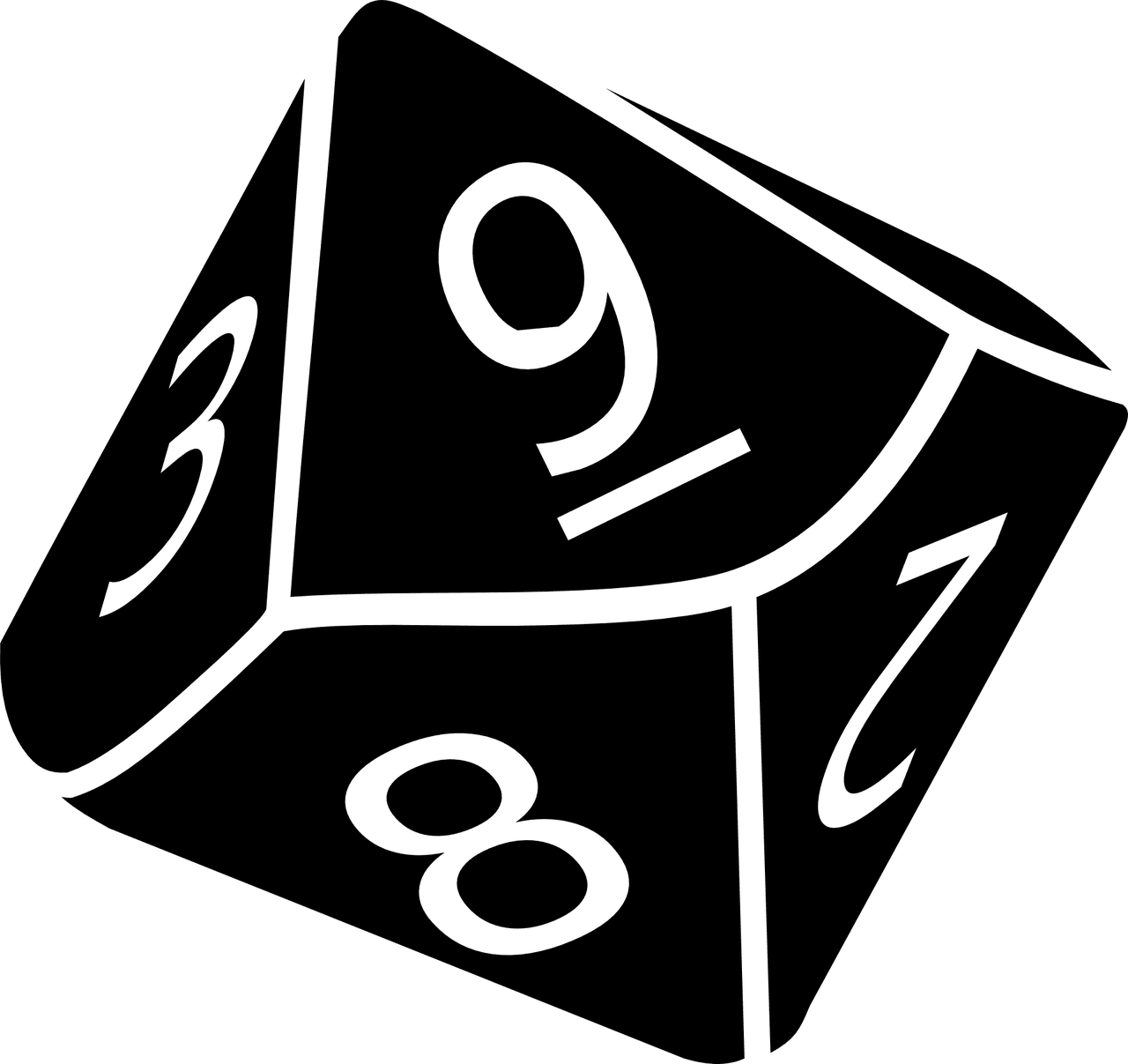 d10 dice , black, cartoon looking with white text and edges, the number 9 is facing with a line undernath to show its a 9 not a 6