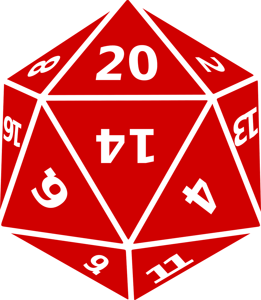 cartoon d20 ,red with white edges and numbers, the 20 is on top with the 14 upside down as it face viewer