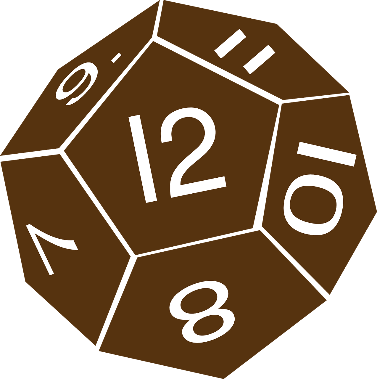 cartoon looking d12, brown, with white text and edges, the 12 facing the viewer