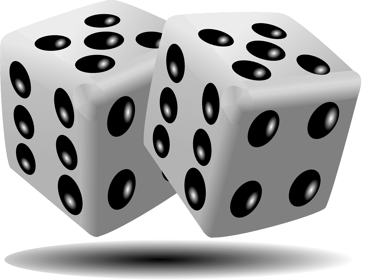 two cgi dice, d6, that are floating with a small shadow underneath