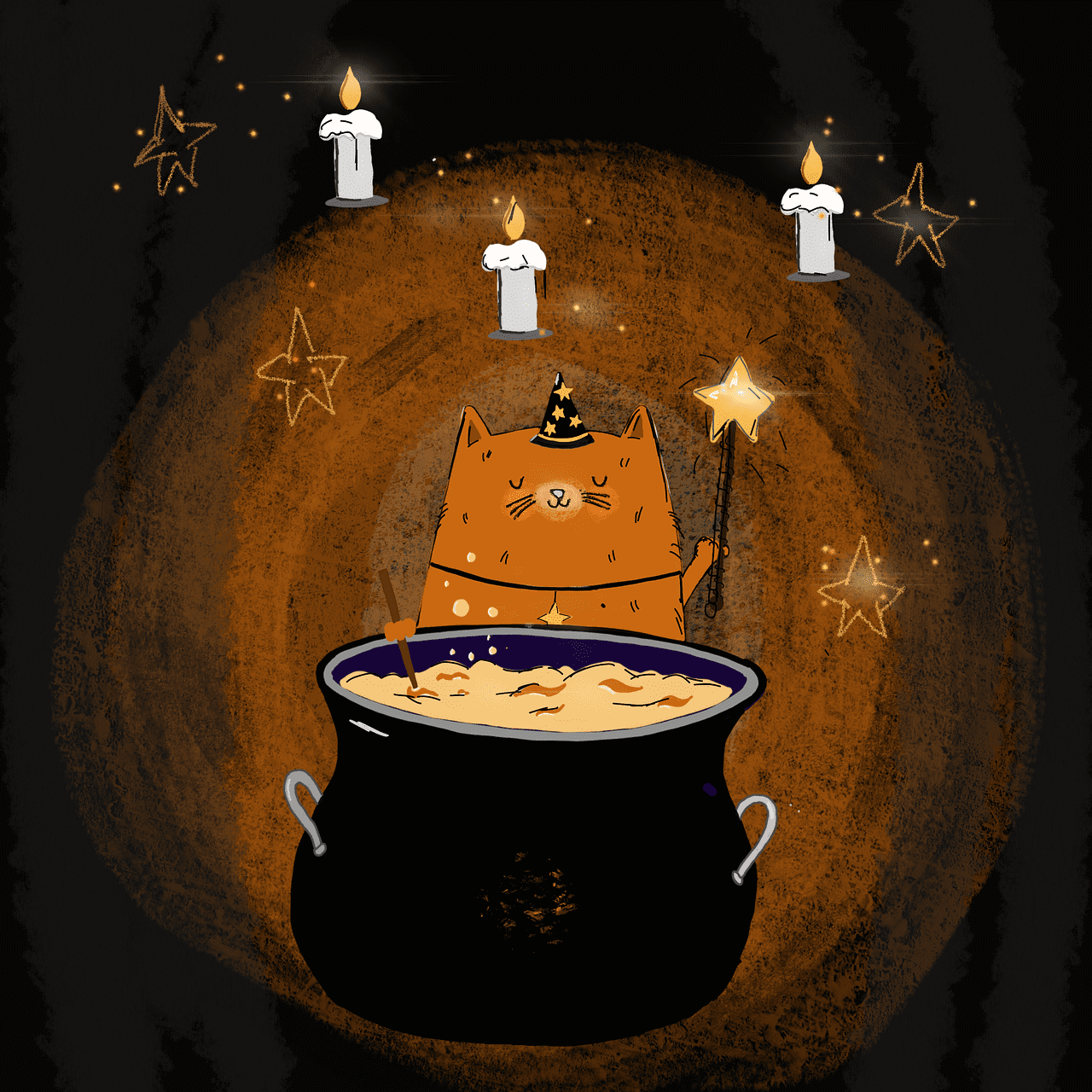 cartoon/painting like drawing of a cat dressed as a witch, with floating candles, in front of a cauldron, as if they are casting a spell