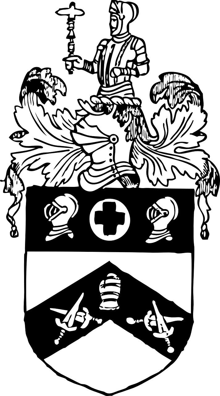 black and white coat of arms - A knight like figure sits atop of asheild, with leaves and a helt present. On the sheild is two knight helmets with a cross between them, beneath is a chevron with 3 icons on them (hard to see the icons to describe them)