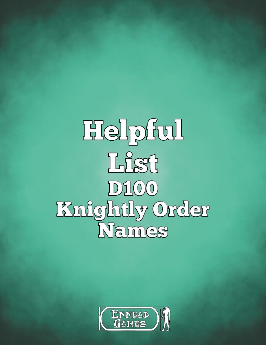 Green cloud like cover,darker towards edges with title caption "Helpful List d100 Knighty Oder Names"