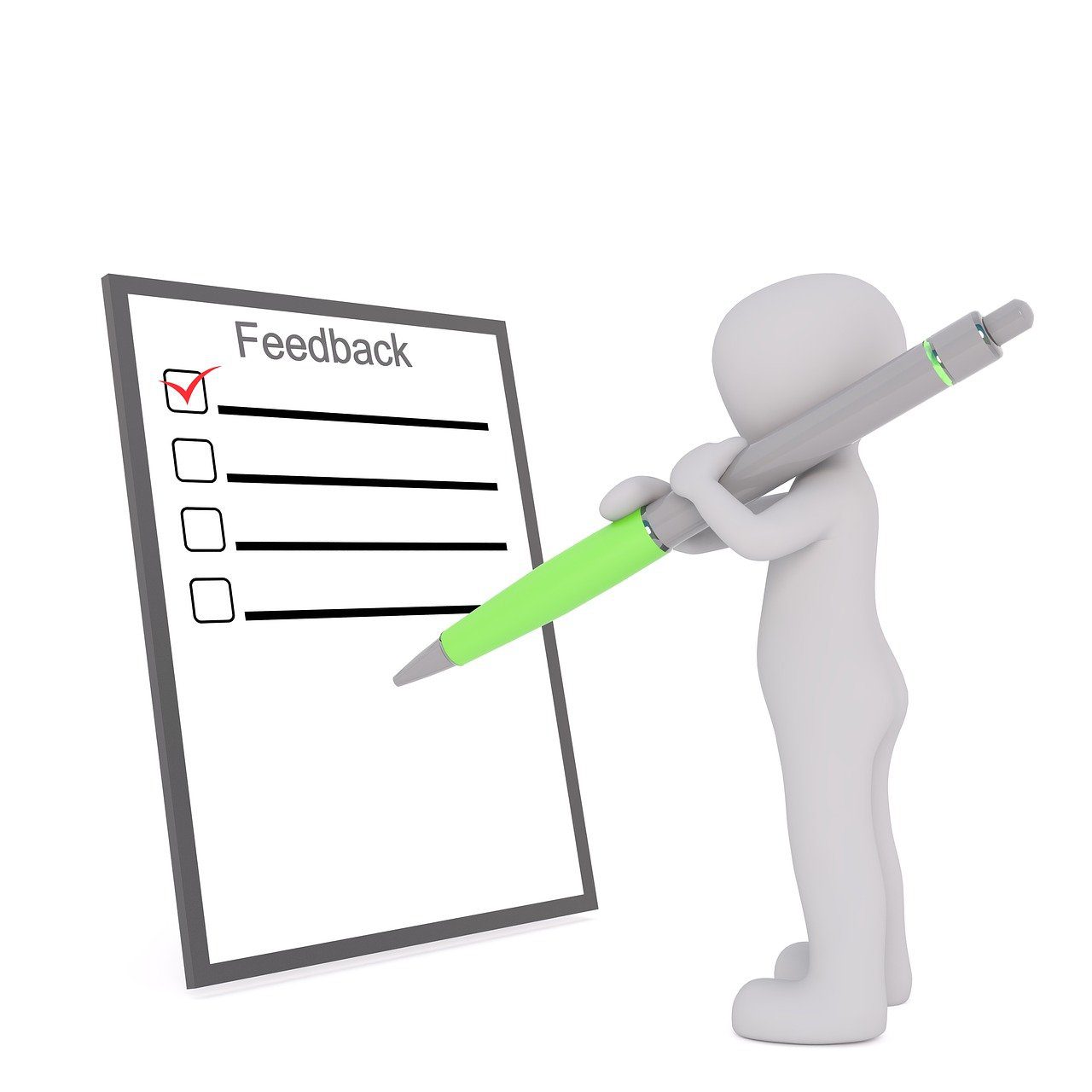cartoon stylised white figure holding a giant pen to mark off a feedback check list