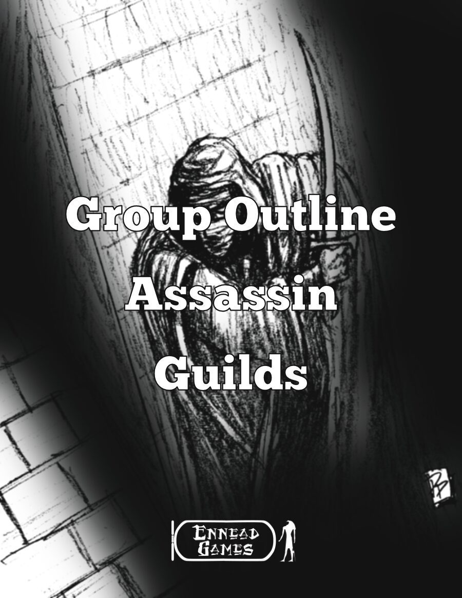 A pencil like drawing of a person in a dark shadow filled alley, an assassin, face covered in strips of cloth, their blade drawn ready to strike. by Patrick E. Pullen.