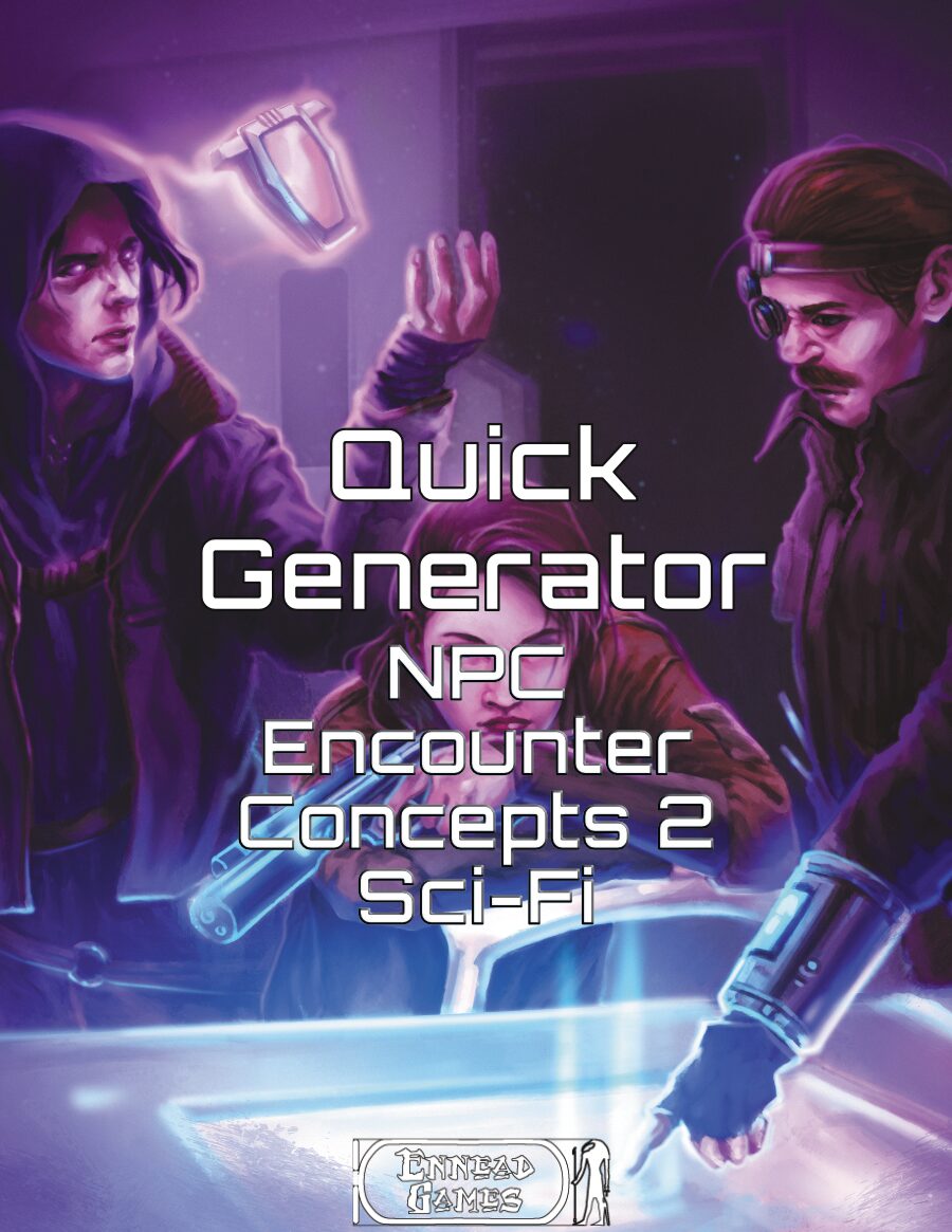 Colour painting like image, 3 sci-fi looking characters (2 masculine, 1 feminine, light skin/Caucasian) from left to right 1 (masc) has a hood and using psych powers to levitate a gadget 2 (fem) has a gone and looking at viewer like she wants to shoot 3 (masc) has eye implant and pointing at a map on a glowing table